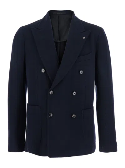 TAGLIATORE BLACK DOUBLE-BREASTED JACKET WITH PEAK REVERS IN COTTON JERSEY MAN