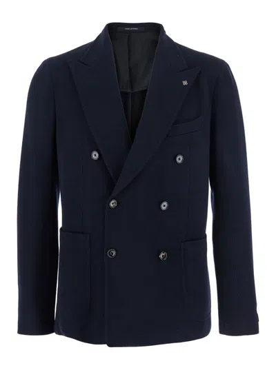 TAGLIATORE BLACK DOUBLE-BREASTED JACKET WITH PEAK REVERS IN COTTON JERSEY MAN