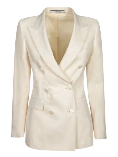TAGLIATORE TAGLIATORE DOUBLE-BREASTED BEIGE STRIPED JACKET WITH PEAK LAPELS