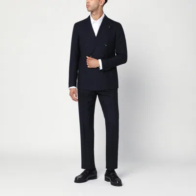 Tagliatore Double-breasted Blue Virgin Wool Suit In Black