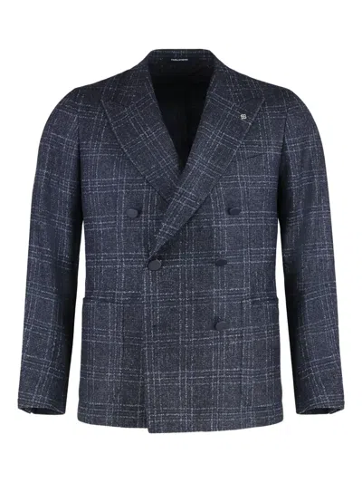 Tagliatore Prince Of Wales Wool Jacket With Lapel Collar In Blue