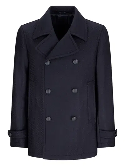 Tagliatore Double-breasted Herringbone Coat In Blue