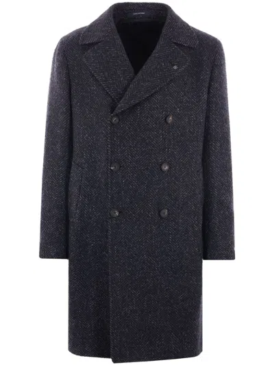 Tagliatore Double-breasted Herringbone Coat In Blue