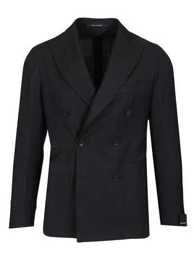 Tagliatore Double-breasted Herringbone Fabric Blazer Jackets Blue In Black