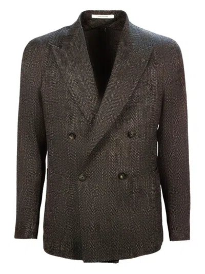 Tagliatore Double-breasted Herringbone-patterned Blazer In Brown
