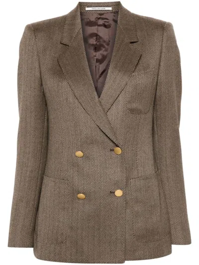 Tagliatore Double-breasted Houndstooth Jacket With Elegant Gold Buttons And Tailored Fit In Brown