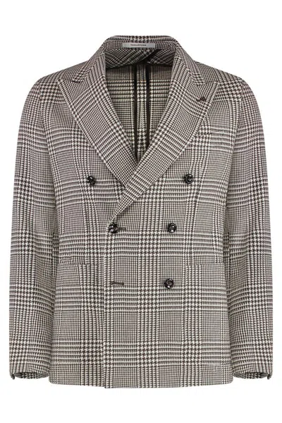 Tagliatore Double-breasted Prince Of Wales Check Cotton Blend Blazer In Grey