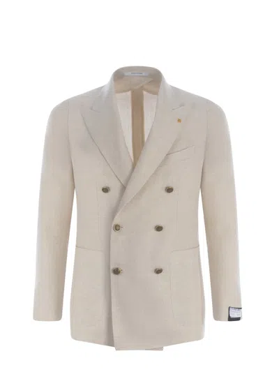 Tagliatore Double-breasted Jacket  Made Of Virgin Wool And Linen Blend In Crema
