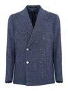 Tagliatore Blue Double-breasted Blazer With Logo Pin On The Front In Linen And Cotton Blend Man In White