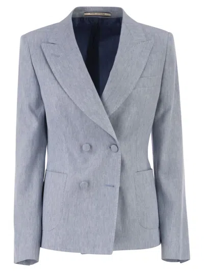 Tagliatore Double Breasted Linen And Cotton Stretch Blazer In Blue