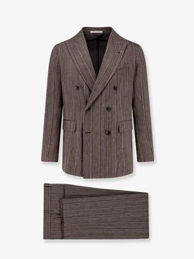 Tagliatore Double-breasted Linen Blend Suit In Brown
