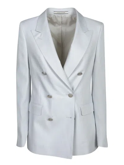 Tagliatore Double-breasted Pearl Grey Linen Jacket With Tailored Cut