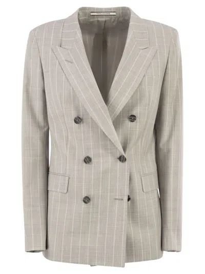 Tagliatore Double Breasted Pinstripe Blazer In Virgin Wool And Silk In Neutral