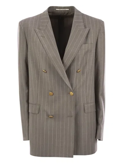 Tagliatore Stretch Wool Double-breasted Pinstripe Blazer In Brown