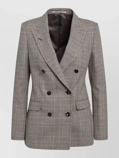 Tagliatore Double-breasted Tobacco-colored Jacket With Houndstooth Pattern In Wool Blend In Gray