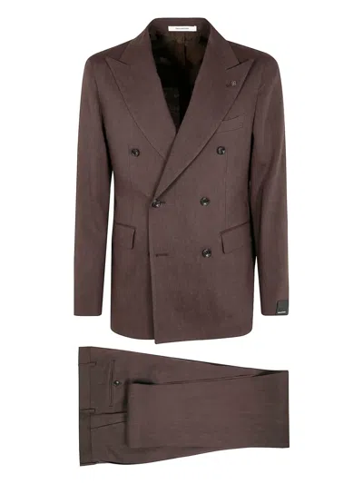 Tagliatore Double-breasted Suit Trousers Structured Shoulders In Brown