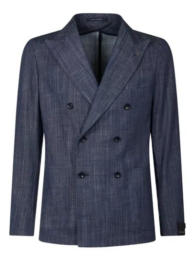 Tagliatore Double-breasted Tailored Jacket With Textured Fabric In Blue