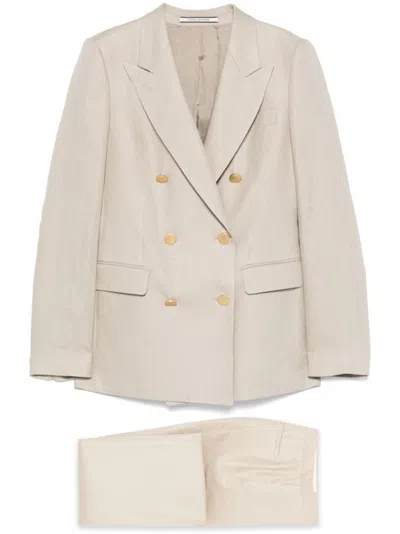 Tagliatore Double-breasted Tailored Suit With Wide-leg Trousers In Beige