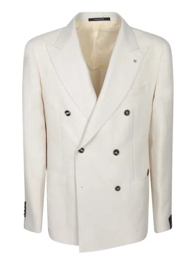 Tagliatore Double-breasted Textured Blazer With Glossy Black Buttons In White