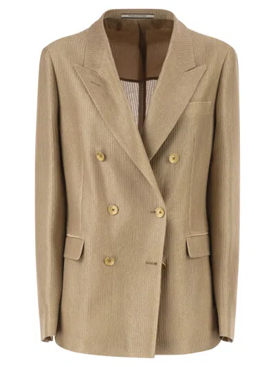 Tagliatore Double-breasted Textured Cotton Blazer In Neutral