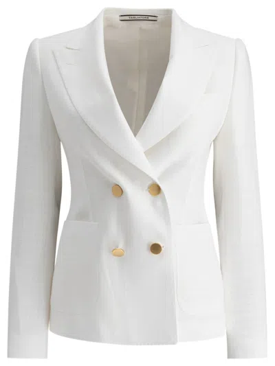 Tagliatore Double-breasted Textured Jacket With Gold-tone Accents In White