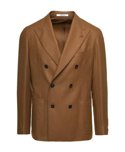 Tagliatore Double-breasted Wool Blend Blazer In Brown
