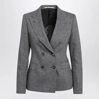 Tagliatore Double-breasted Black Herringbone Wool And Cashmere Jacket In Gray