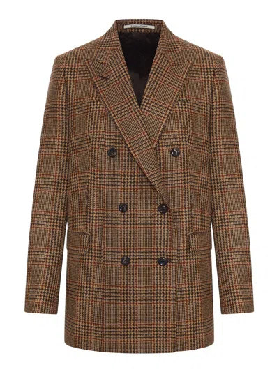 Tagliatore Double-breasted Check Cashmere Blend Blazer Jacket In Brown
