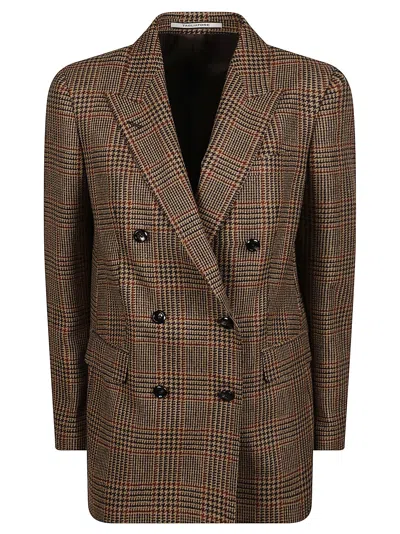 Tagliatore Double-breasted Checkered Wool Jacket With Red Accents In Brown