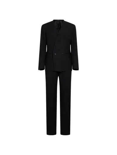Tagliatore Double-breasted Collarless Suit In Black