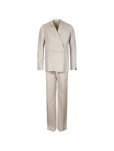 Tagliatore Double-breasted Collarless Suit In Neutral