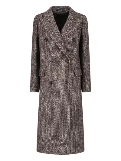 Tagliatore Double-breasted Herringbone Long Coat In Gray