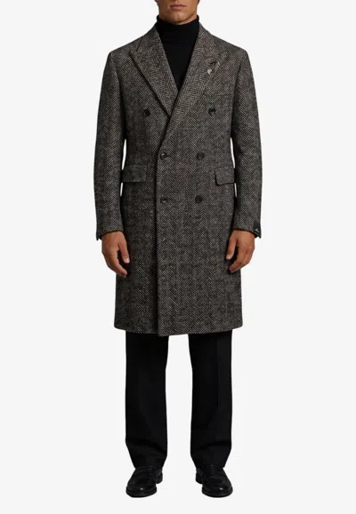TAGLIATORE DOUBLE-BREASTED HERRINGBONE WOOL BLEND COAT