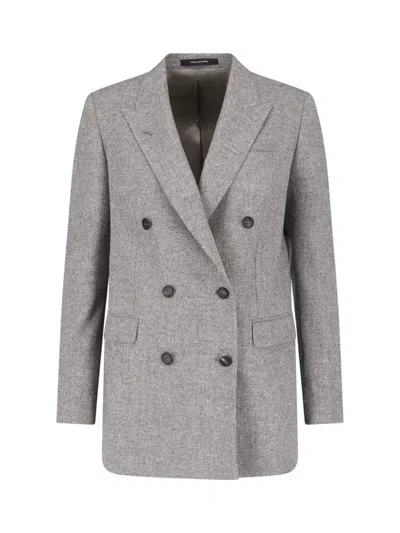 Tagliatore Double-breasted Herringbone Wool-blend Blazer In Gray