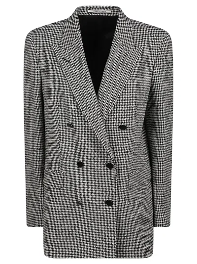 Tagliatore Double-breasted Houndstooth Blazer With Tailored Silhouette In Gray