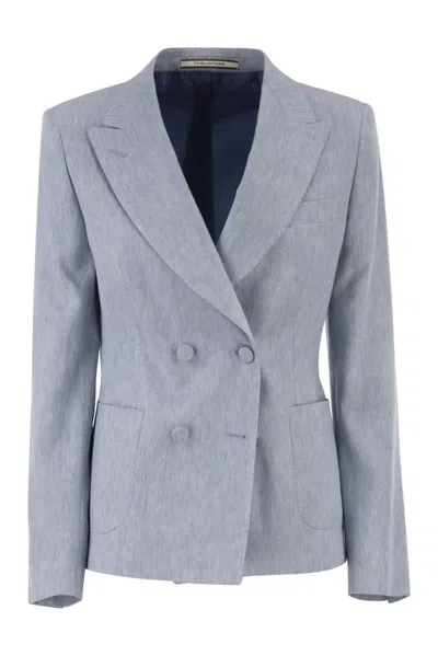 Tagliatore Double-breasted Linen And Cotton Stretch Blazer In Multi