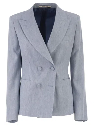 Tagliatore Double-breasted Linen And Cotton Stretch Blazer In Blue