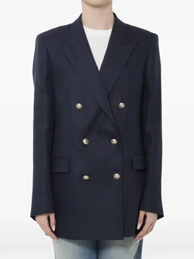 Tagliatore Double-breasted Linen Jacket In Blue