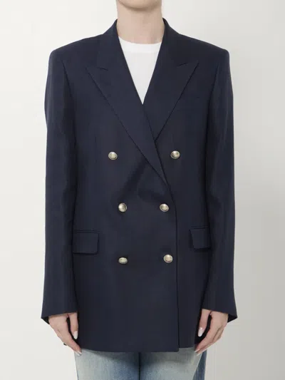 Tagliatore Double-breasted Linen Jacket In Blue