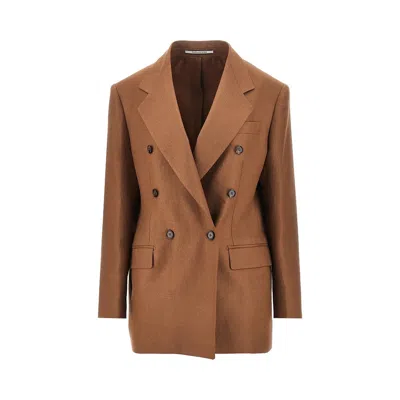 Tagliatore Double-breasted Linen Twill Jacket In Brown