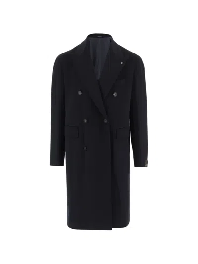 Tagliatore Dark Blue Tailored Double-breasted Virgin Wool Coat In Black