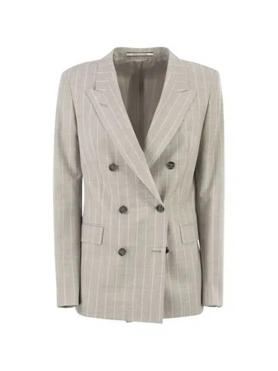 Tagliatore Double Breasted Pinstripe Blazer In Virgin Wool And Silk In Neutral