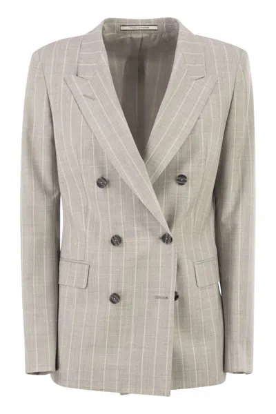 Tagliatore Double-breasted Pinstripe Blazer In Virgin Wool And Silk In Gray