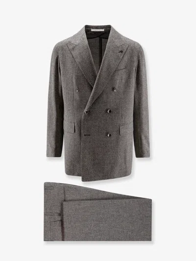 Tagliatore Double-breasted Stretch Melange Virgin Wool Suit In Gray