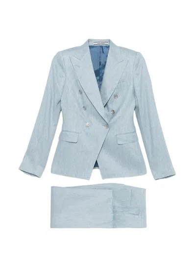Tagliatore Linen Double-breasted Suit In Blue