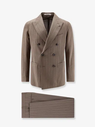 Tagliatore Double-breasted Virgin Wool Suit With Herringbone Pattern In Neutral