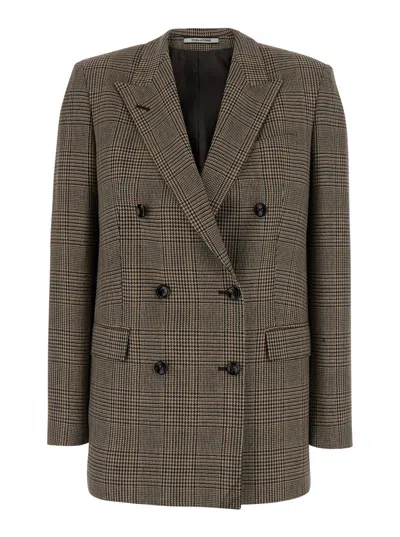 Tagliatore Double-breasted Wool Jacket With Peak Lapels And All-over Check Motif In Brown