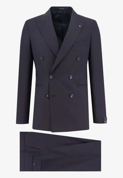 Tagliatore Double-breasted Wool Suit With Removable Iconic Pin In Blue