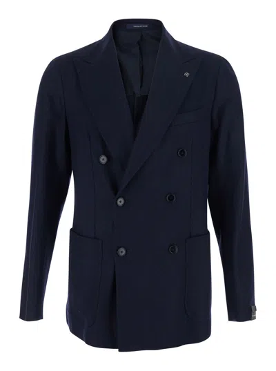 Tagliatore Double-breasted Wool-blend Jacket With Peak Lapels And Welt Pockets In Blue