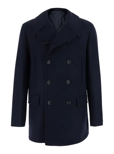Tagliatore Double-breasted Wool-blend Jacket With Wide Notched Revers In Blue
